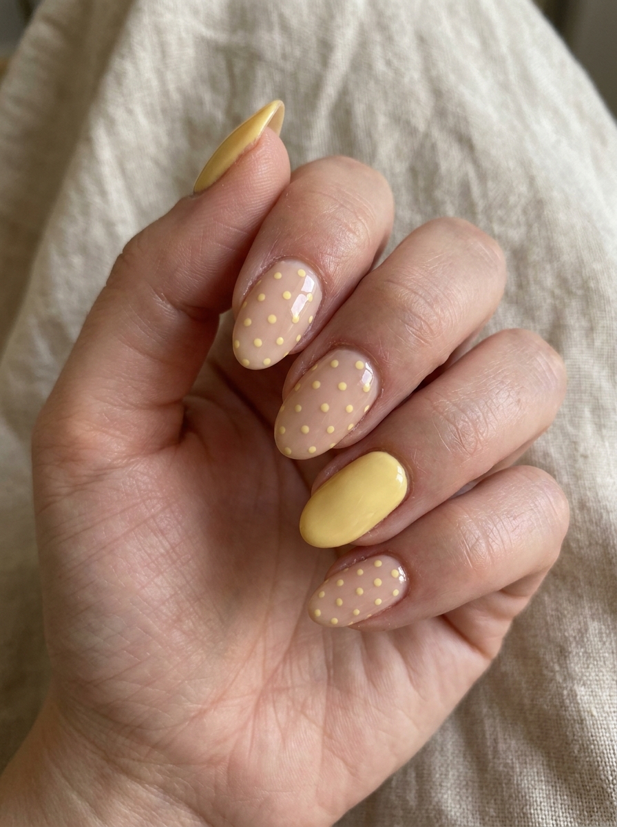 Buttery Yellow Polka Dot Nails mit kleinen gleichmäßigen Punkten